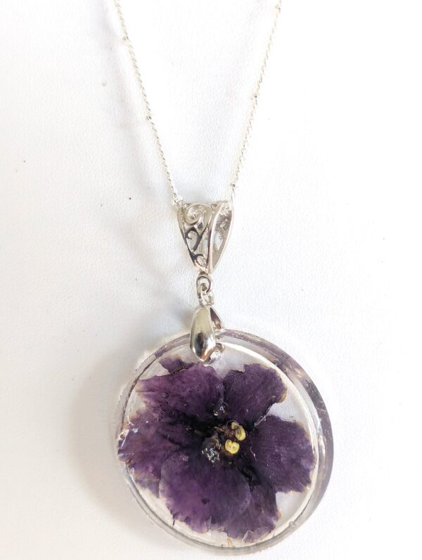 Jeanette African Violet Flower Preserved In A Resin Necklace - Image 2