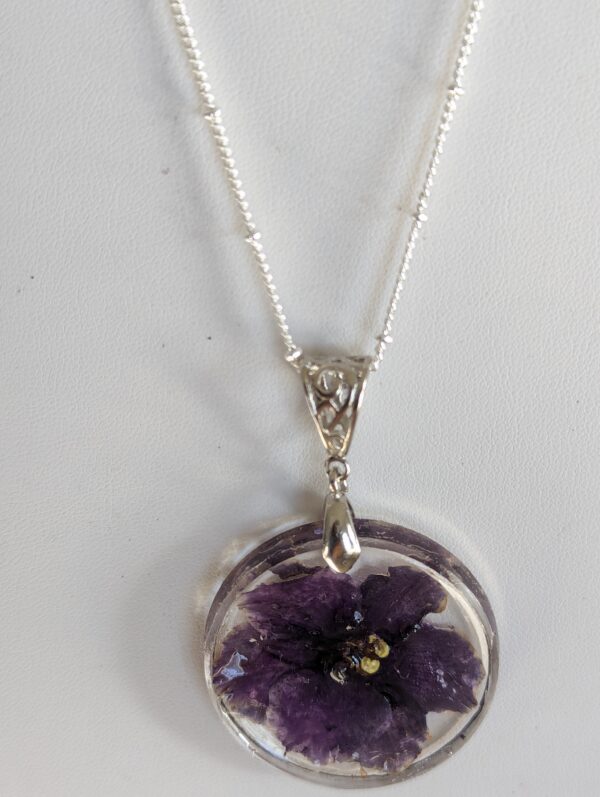 Jeanette African Violet Flower Preserved In A Resin Necklace - Image 3