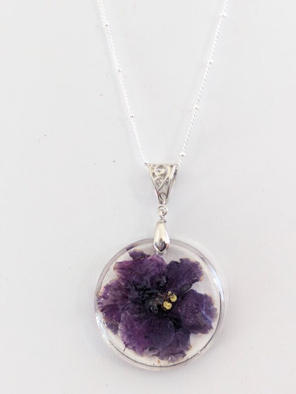 Jeanette African Violet Flower Preserved In A Resin Necklace - Image 5