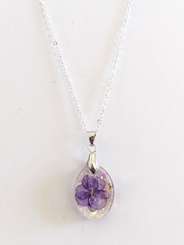 Robs Silver Spook African Violet Flower Preserved In A Resin Necklace - Image 3