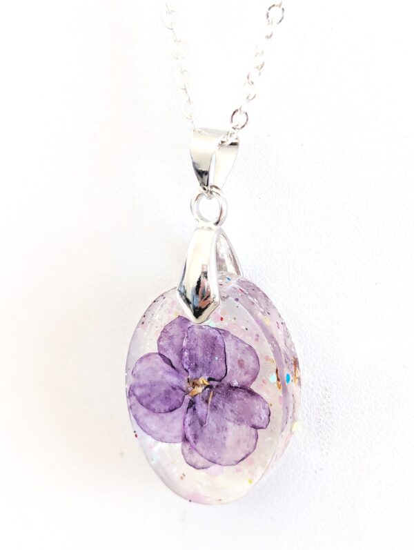 Robs Silver Spook African Violet Flower Preserved In A Resin Necklace - Image 6
