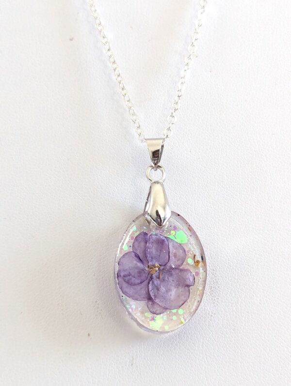 Robs Silver Spook African Violet Flower Preserved In A Resin Necklace - Image 5