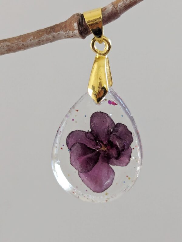 Real Red African Violet Flower Preserved In A Pretty Resin Pendant - Image 2