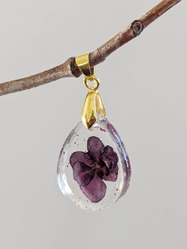 Real Red African Violet Flower Preserved In A Pretty Resin Pendant - Image 3