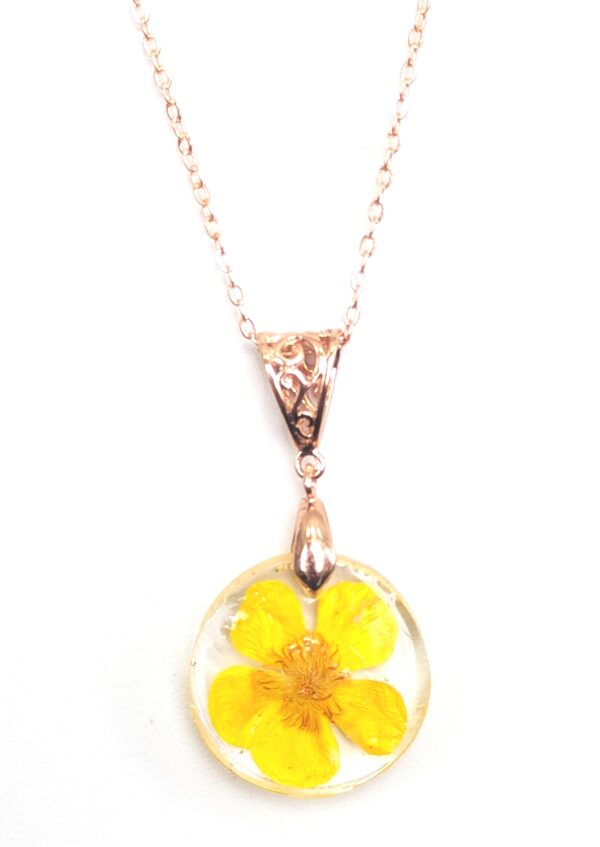 Buttercup Yellow Flower Preserved In A Resin Necklace - Image 2
