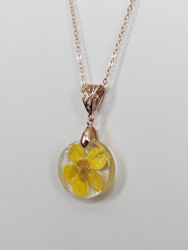 Buttercup Yellow Flower Preserved In A Resin Necklace - Image 4