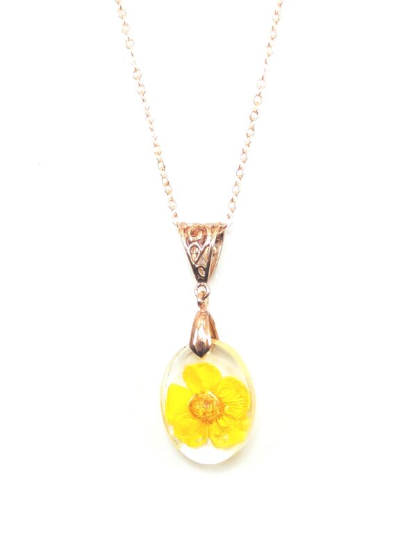Buttercup Yellow Flower Preserved In A Resin Necklace
