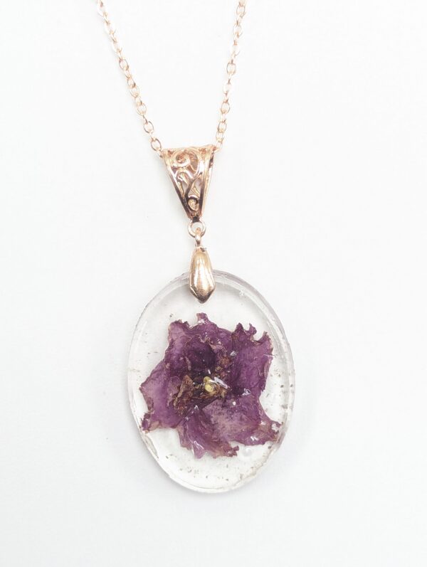 Jeanette African Violet Flower Preserved In A Resin Necklace - Image 2