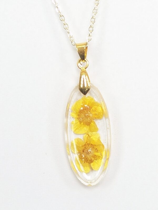 Buttercup Yellow Flowers Preserved In A Resin Necklace - Image 2